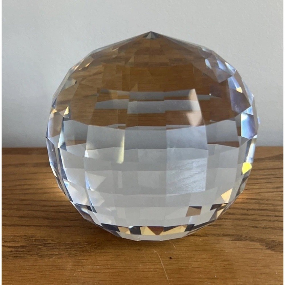 Large Crystal Clear Square Pattern Faceted Glass Paperweight Ball 3" Geometric